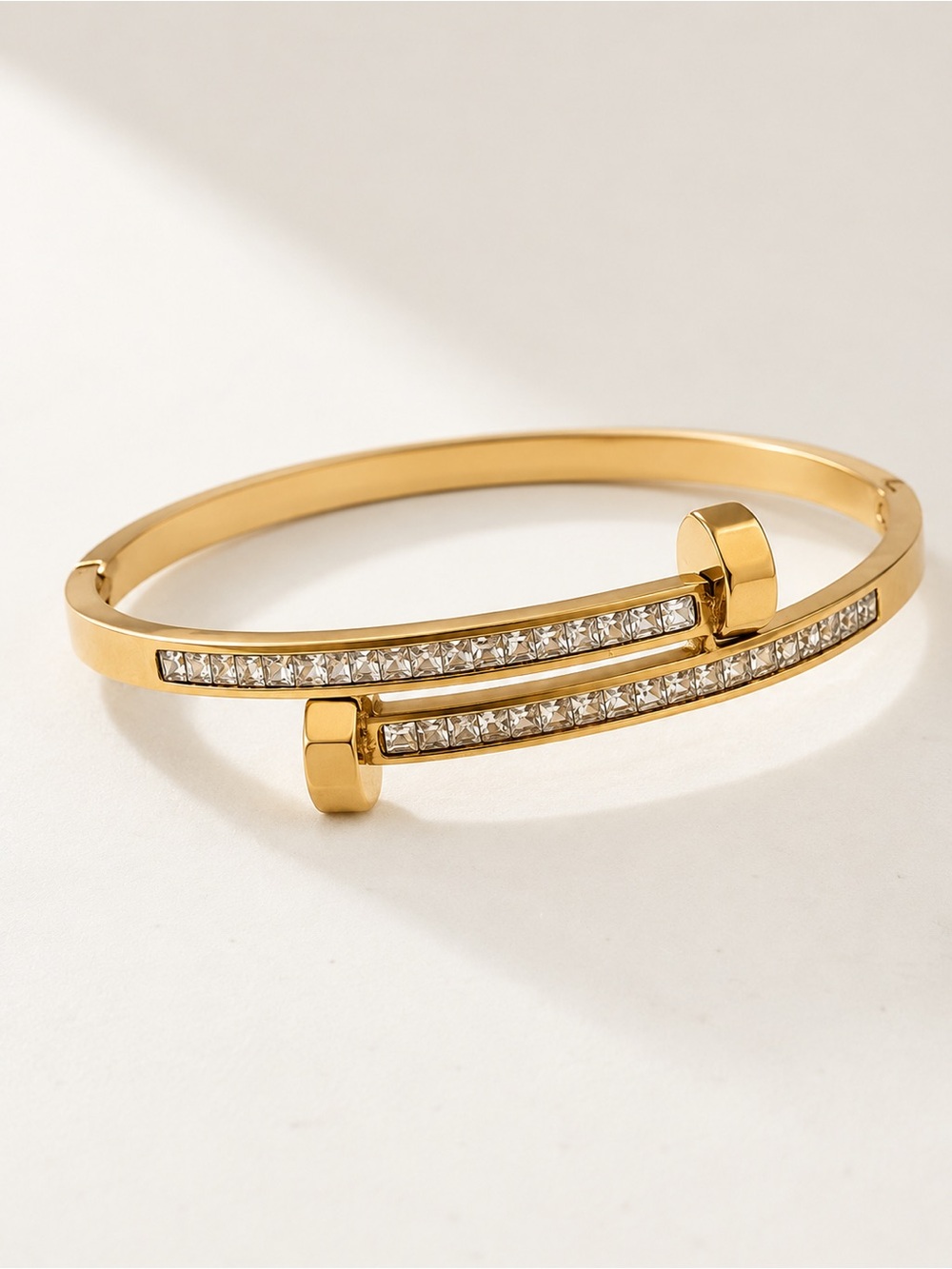 Gold Plated Crystal Double-Bar Cuff Bracelet Size 7